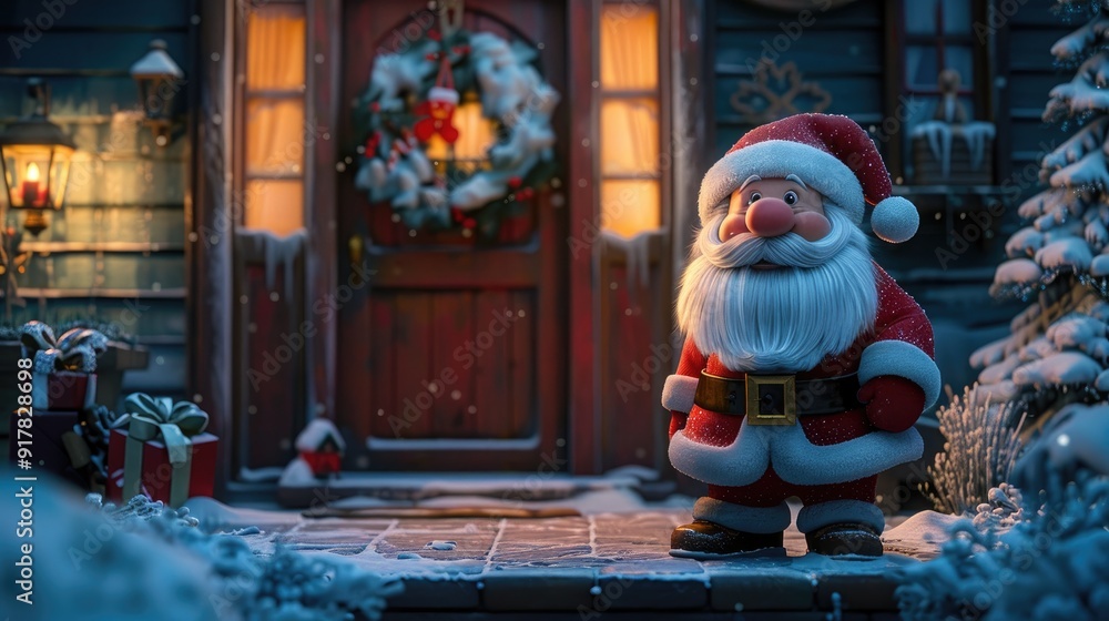 Fototapeta premium A jolly Santa Claus stands outside a house adorned with a festive Christmas wreath