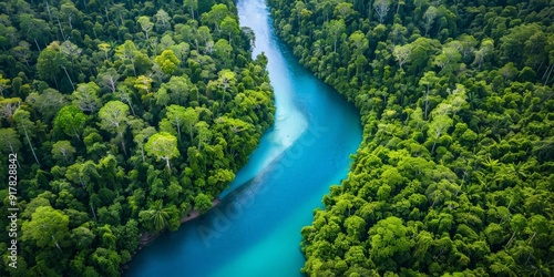 Aerial View of a Serene River Winding Through a Lush Rainforest