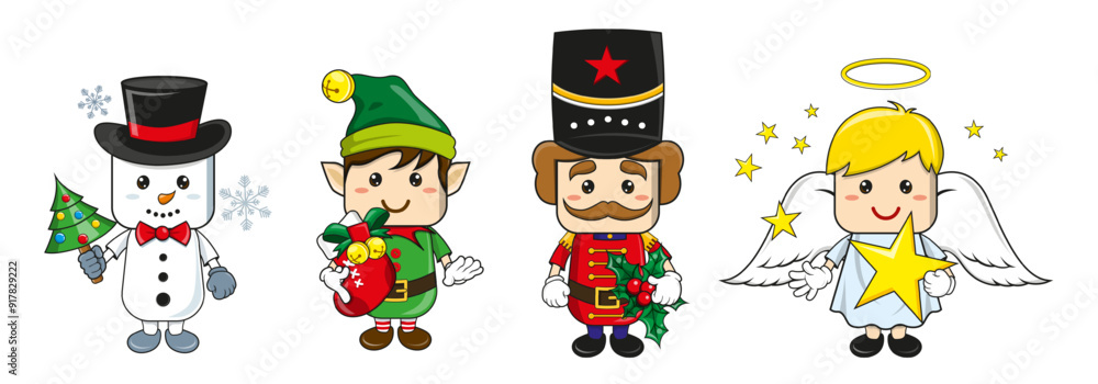 Set of christmas characters design. Vector cartoon of snowman, elf, and angel isolated in white background. Set of christmas characters design. Vector cartoon of snowman, elf, and angel isolated in white background.