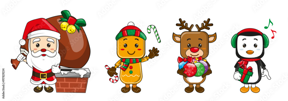 Fototapeta premium Set of christmas characters design. Vector cartoon of santa claus, ginger bread, reindeer and penguin isolated in white background.
