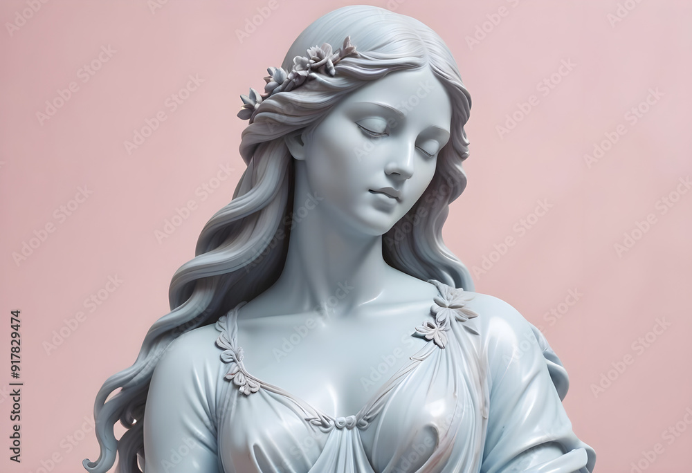 A marble Young woman with long hair closes her eyes on the pink background. With flowers in her hair A marble Young woman with long hair closes her eyes on the pink background. With flowers in her hair