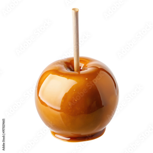 A shiny caramel covered apple on a stick, perfect for Halloween. A classic and delicious treat for the spooky season. Isolated on transparent background, png.