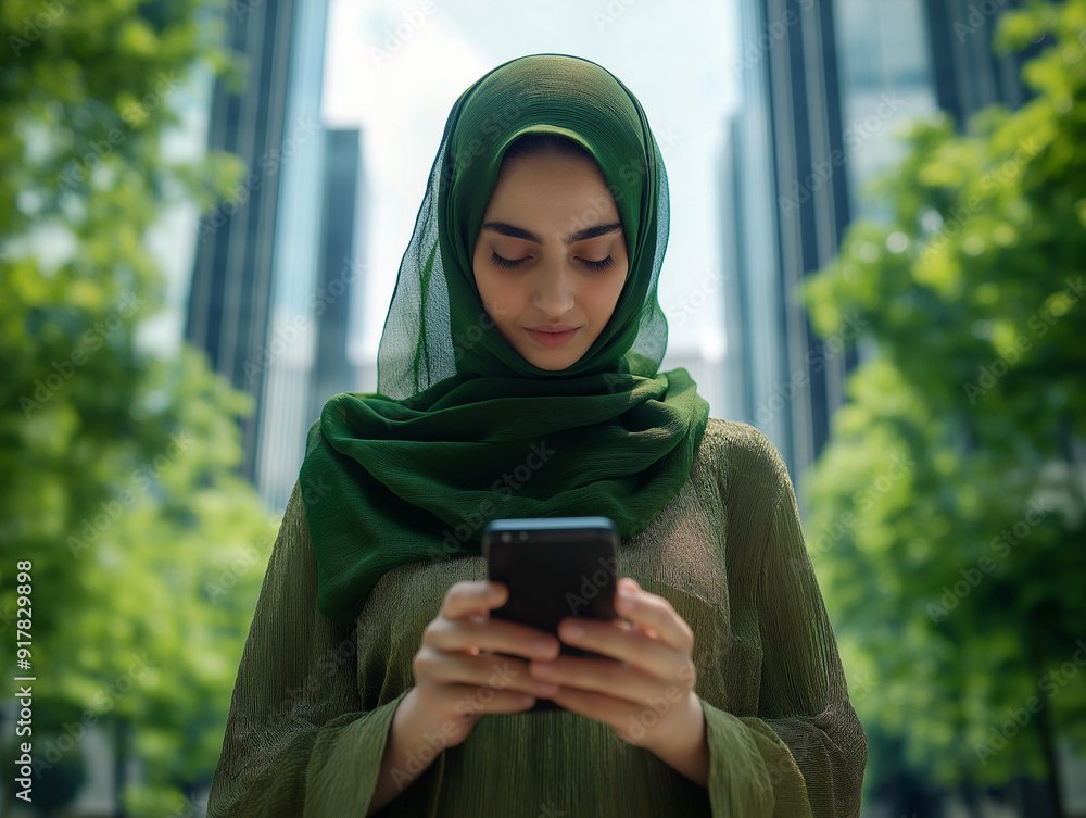 Modern Arabic Woman in Hijab Holding Smartphone in Park Modern Arabic Woman in Hijab Holding Smartphone in Park