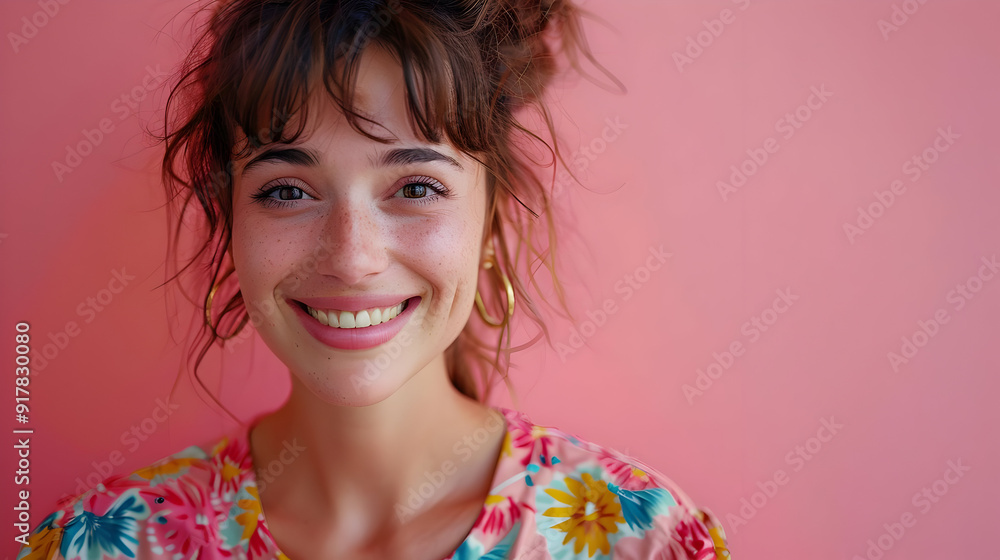 Smiling Woman with Copy Space, Blush Pink Background and a Floral Dress Smiling Woman with Copy Space, Blush Pink Background and a Floral Dress