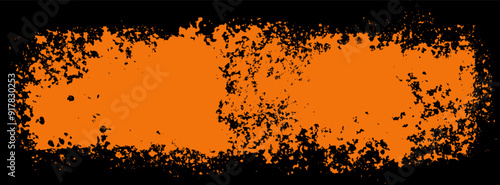 Grungy Halloween orange and black background. Creepy spooky vector hand drawn ink banner bg. Sponge stamps, splatter sprinkles texture. Grunge paint stroke design. Horizontal Halloween frame border