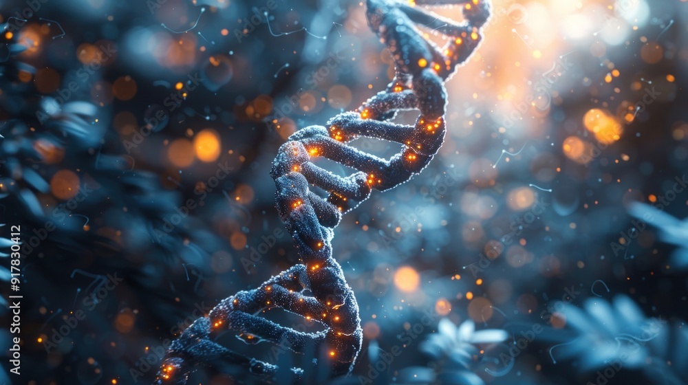 A 3D rendering of a DNA strand with glowing particles in the background. A 3D rendering of a DNA strand with glowing particles in the background.