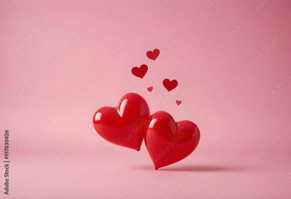 Two large, shiny red heart shapes on a soft pink background. Above the hearts are several smaller flat red heart shapes Two large, shiny red heart shapes on a soft pink background. Above the hearts are several smaller flat red heart shapes