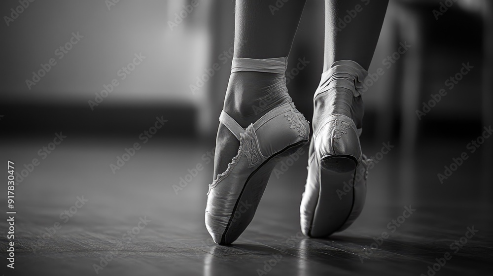 Close-up of a ballet dancer feet in pointe shoes, emphasizing the grace and detail of the dance footwear. Close-up of a ballet dancer feet in pointe shoes, emphasizing the grace and detail of the dance footwear.