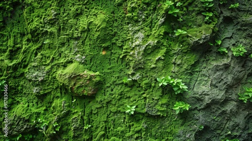 Green moss-covered wall as modern eco-friendly decor. Natural backdrop for design and text.