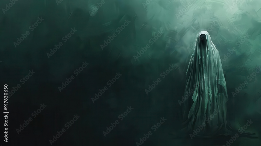 Eerie ghostly figure in shrouded misty background creating a haunting, dark, and mysterious atmosphere perfect for horror themes. Eerie ghostly figure in shrouded misty background creating a haunting, dark, and mysterious atmosphere perfect for horror themes.