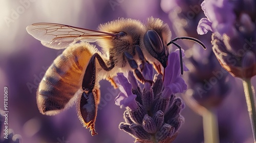 Close-up of a bee gathering nectar from a lavender flower, capturing the intricate details of both the bee and the flower.