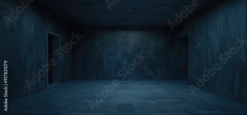 Empty room with concrete walls and a single door. Dark and mysterious atmosphere. Perfect for horror, suspense, or thriller themes.