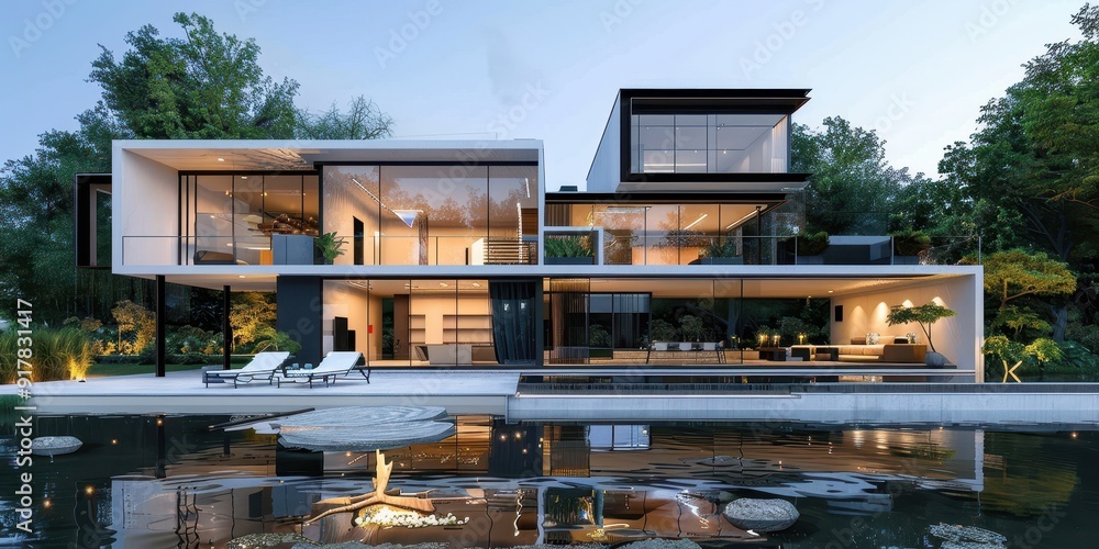 A large, modern house with a pool and a large glass wall A large, modern house with a pool and a large glass wall