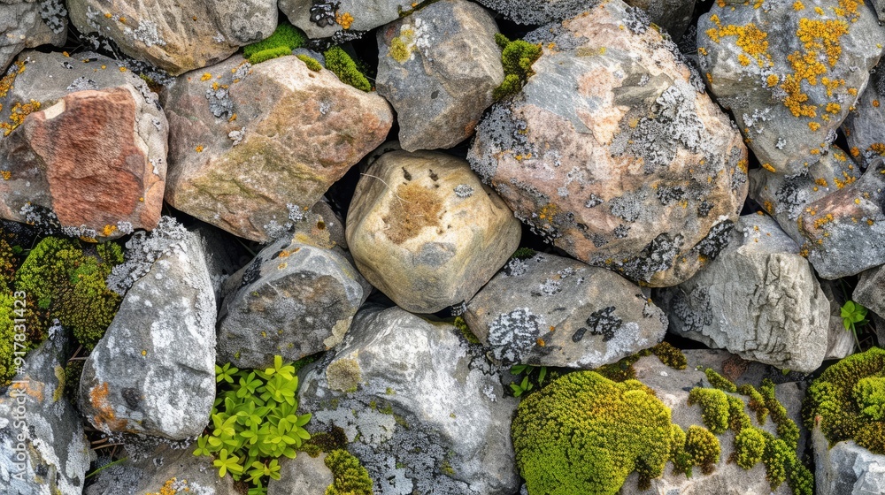 Fototapeta premium Photo of rocks and stones surface with moss and lichen showcasing natural mineral texture