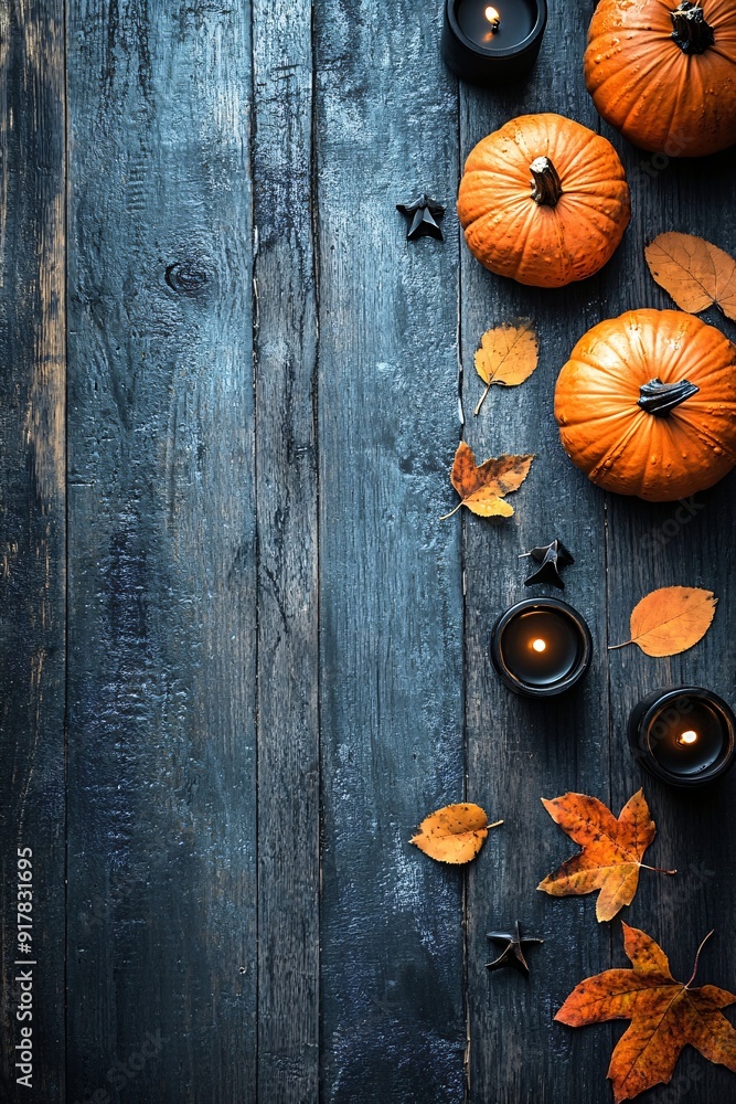 Moody Halloween flat lay with pumpkins, candles, and autumn leaves on dark wooden surface, ideal for spooky-themed backgrounds and festive advertisements