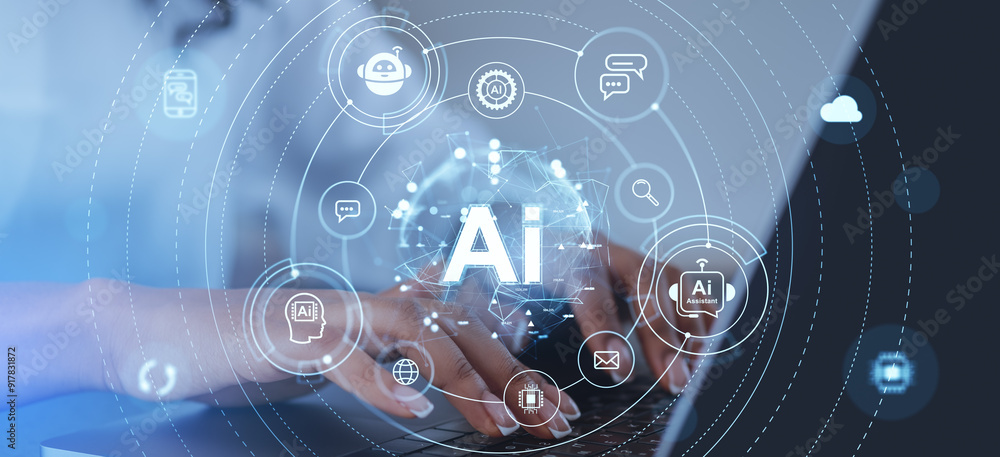 Woman hands typing on laptop, chat bot hologram icons in circuit Woman hands typing on laptop, chat bot hologram icons in circuit
