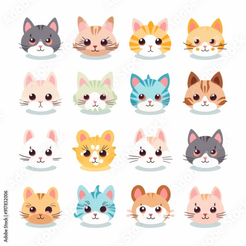 Cute Cat Illustrations - Adorable Cartoon Kitten Faces Collection for Kids and Pet Lovers