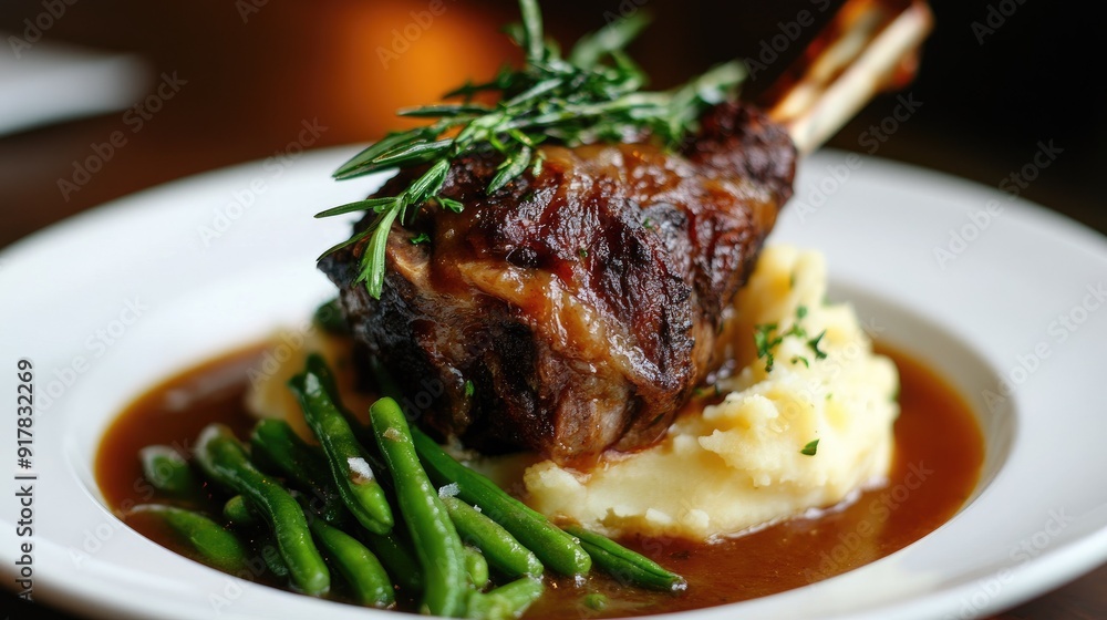 Close-up of a tender braised lamb shank served with creamy mashed potatoes and green beans. Close-up of a tender braised lamb shank served with creamy mashed potatoes and green beans.