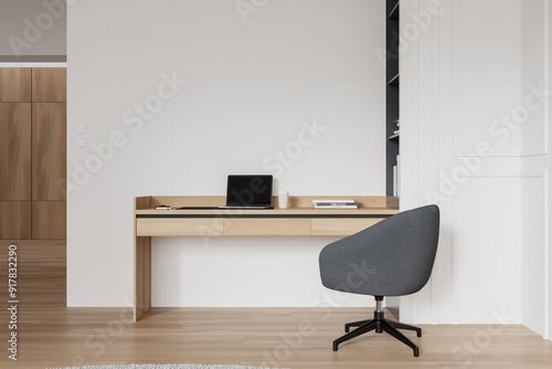 Modern minimalist home office setup with wooden desk and grey chair. 3D Rendering photo