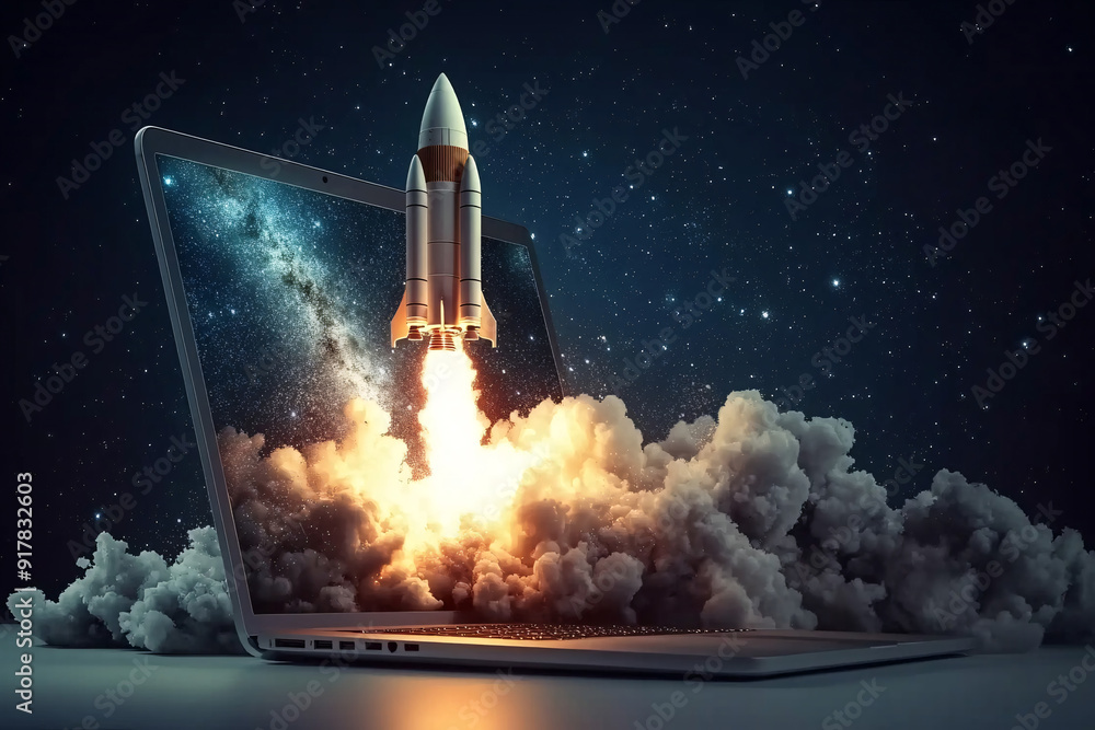 Obraz premium Launching Space Rocket From Laptop Screen