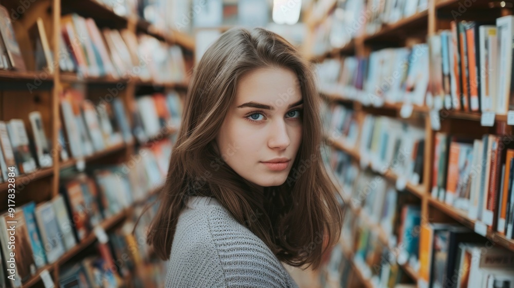 A woman stands in a library with many books around her A woman stands in a library with many books around her