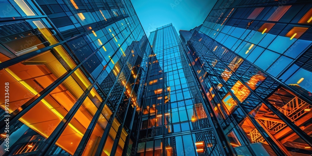 A city skyline with tall buildings and a blue sky A city skyline with tall buildings and a blue sky