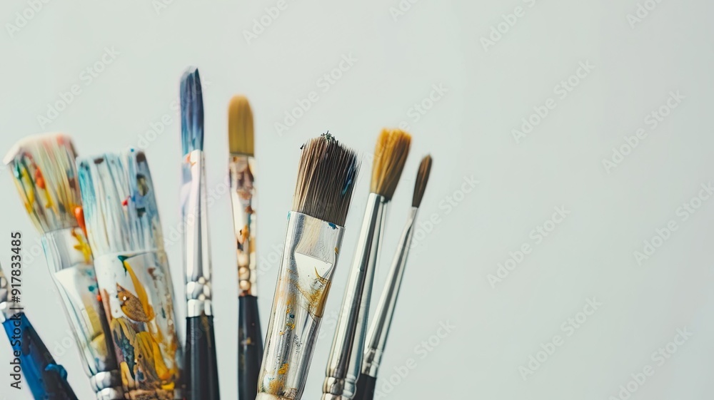 Fototapeta premium Paintbrushes covered in paint against a light background with copy space