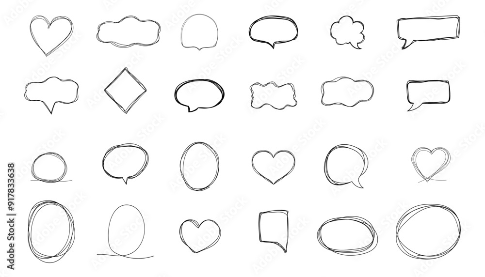 Speech bubble frame scribble fast hand drawing, pent or marker drawing. Comic sketch border, highlight. Cloud, heart, circle bubble chat, text box. Speech bubble frame scribble fast hand drawing, pent or marker drawing. Comic sketch border, highlight. Cloud, heart, circle bubble chat, text box.