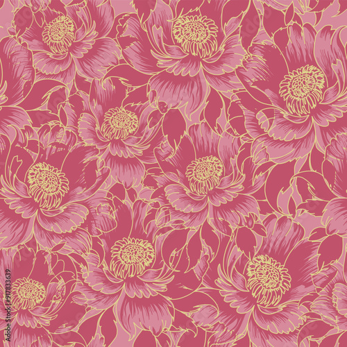 peony seamless layered background with large peonies, roses. vector illustration with flowers and leaves on a pink background