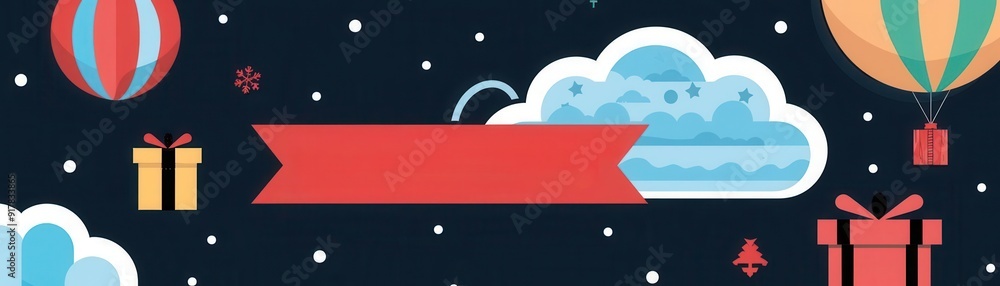 Fototapeta premium Festive holiday background with hot air balloons, gift boxes, clouds, and decorative elements on a dark backdrop. Perfect for celebrations.