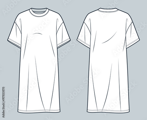 T-Shirt Dress technical fashion illustration. Knee Length T Shirt fashion flat technical drawing template, oversize, front and back view, white, women, men, unisex CAD mockup.