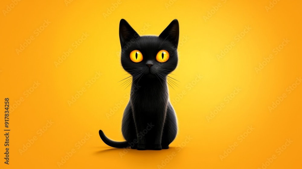 A minimalist design featuring a single black cat silhouette with glowing yellow eyes against an orange background. A minimalist design featuring a single black cat silhouette with glowing yellow eyes against an orange background.
