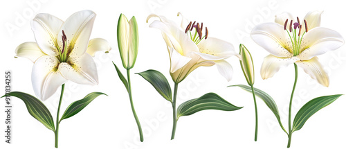 Elegant White Lilies with Buds Isolated on Black Background