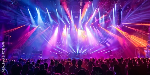 Packed concert venue with a vibrant stage and an engaged audience, featuring colorful lights and a thrilling ambiance, ideal for illustrating a live music event