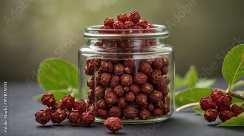 Dried schizandra berries in a glass jar, Chinese herb, used in herbal tonics photo