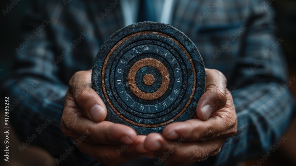 A person holding a circular puzzle with numbered rings in their hands. A person holding a circular puzzle with numbered rings in their hands.