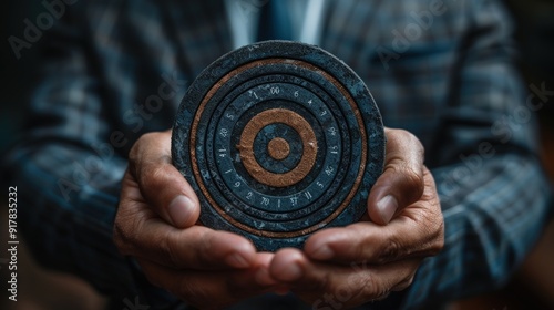 A person holding a circular puzzle with numbered rings in their hands.
