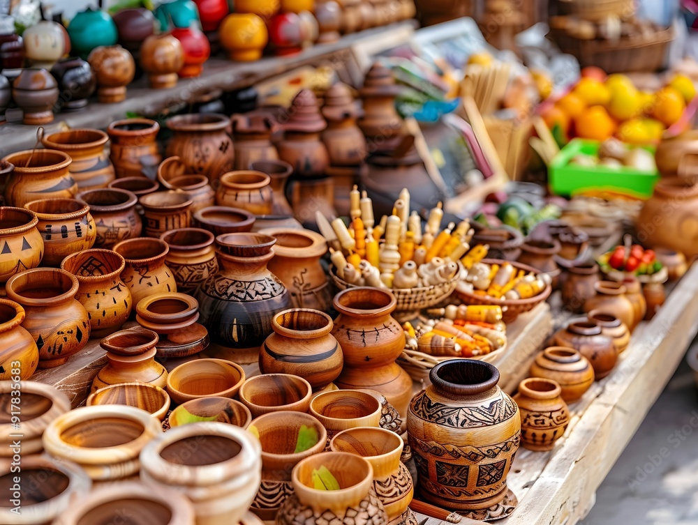 Fototapeta premium Wooden Carved Pots and Bowls at Market Stall.