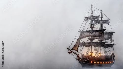 Ghostly pirate ship, misty sea, glowing lanterns, vintage fantasy style, muted palette, watercolor, empty space on top for promo photo