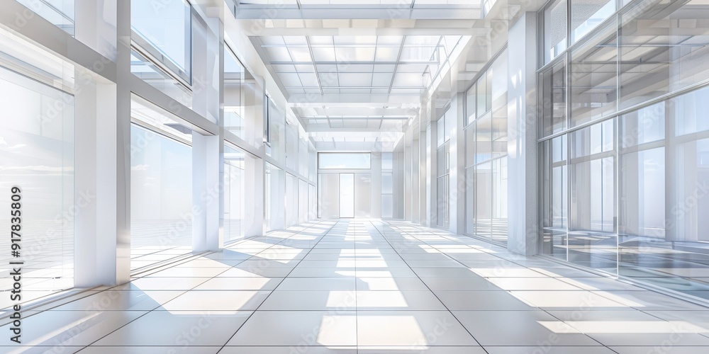 A large, empty room with white walls and a lot of windows A large, empty room with white walls and a lot of windows