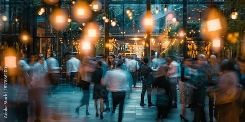 Wallpaper Mural Scene of a corporate event with a blurred crowd, illustrating attendees engaged in networking, attending presentations, and enjoying the dynamic, stylish ambiance of the venue Torontodigital.ca