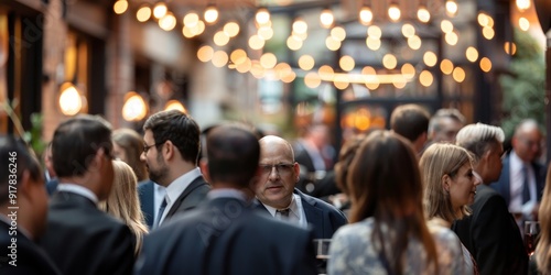 Corporate event in full swing with a blurry crowd of professionals engaging in conversations, networking, and enjoying the ambiance of a sophisticated venue