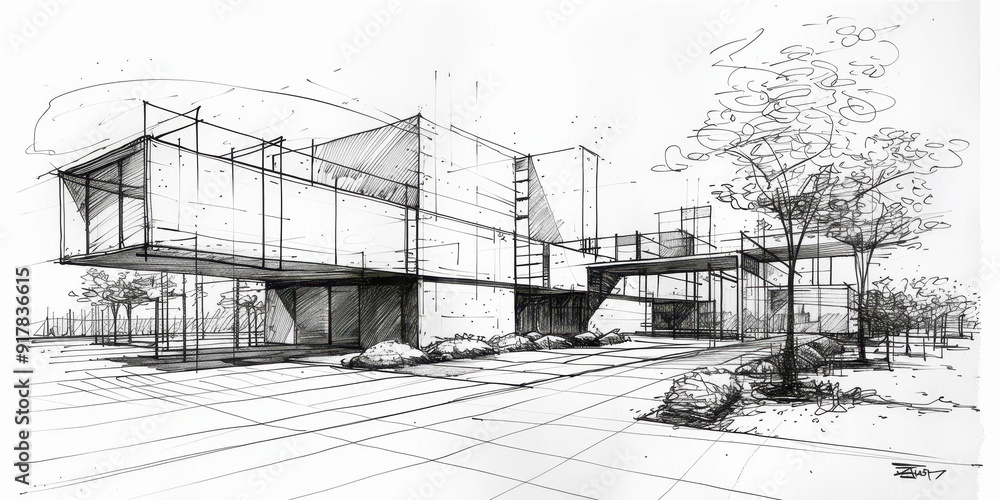 Fototapeta premium A drawing of a building with a tree in front of it