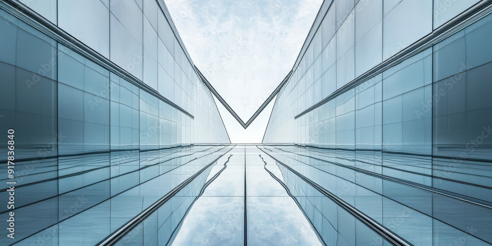 Obraz premium A long, narrow building with a reflection of the sky on its glass walls