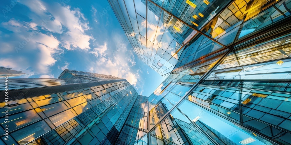 Fototapeta premium A city skyline with a blue sky and clouds