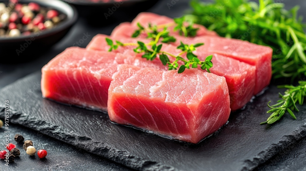 Close-up of raw tuna steaks on a dark slate board, with a garnish of herbs on the side. Close-up of raw tuna steaks on a dark slate board, with a garnish of herbs on the side.
