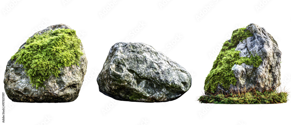 Three Moss Covered Rocks Isolated on Black Background Three Moss Covered Rocks Isolated on Black Background