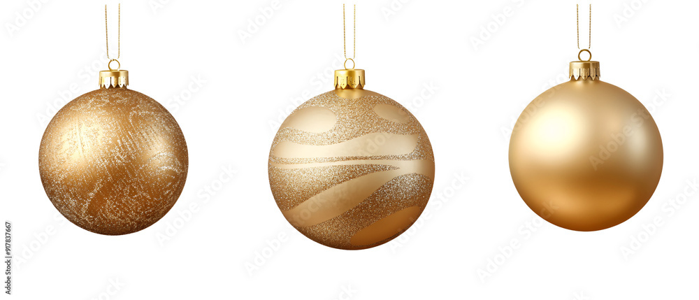Three Gold Christmas Ornaments Isolated on Black Background Three Gold Christmas Ornaments Isolated on Black Background