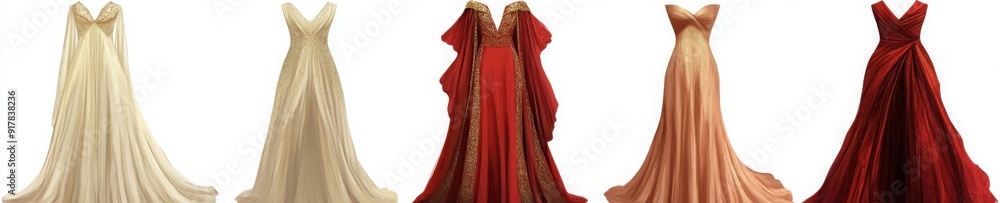 A set of five different colors and shapes evening gowns, red with gold details, silk material, draped over the shoulders. A set of five different colors and shapes evening gowns, red with gold details, silk material, draped over the shoulders.