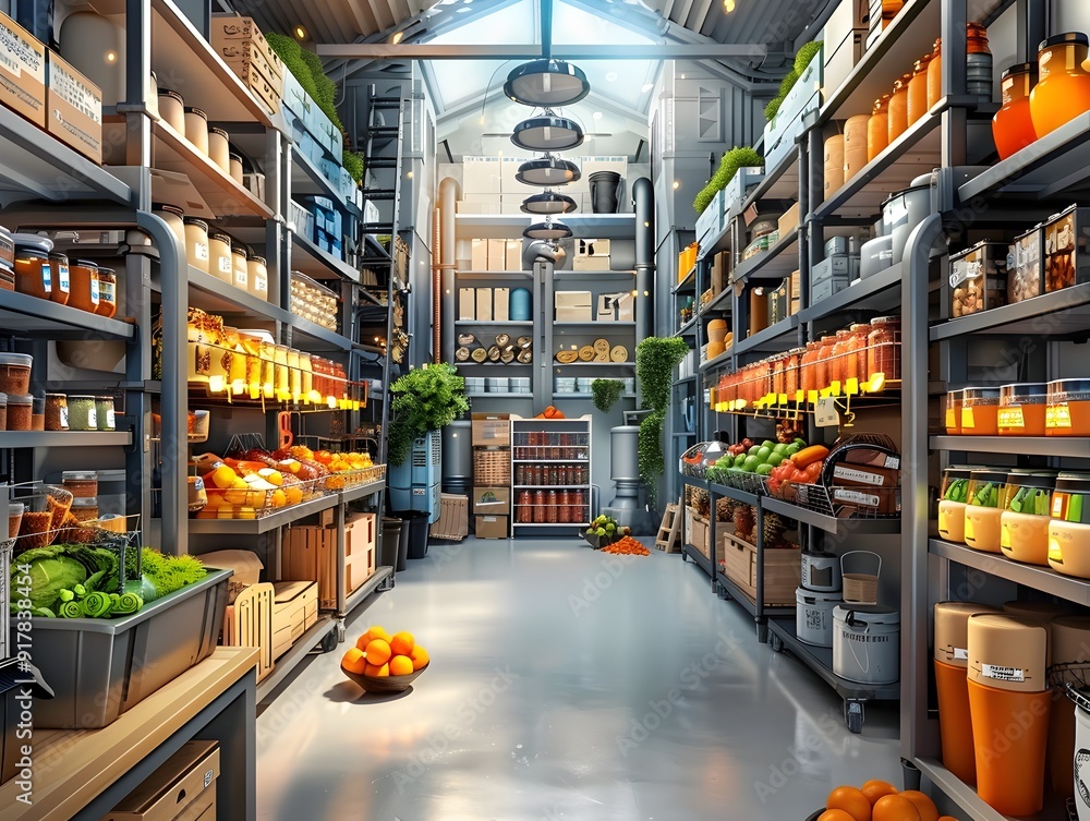 Industrial Storage Room with Produce and Canned Goods. Industrial Storage Room with Produce and Canned Goods.